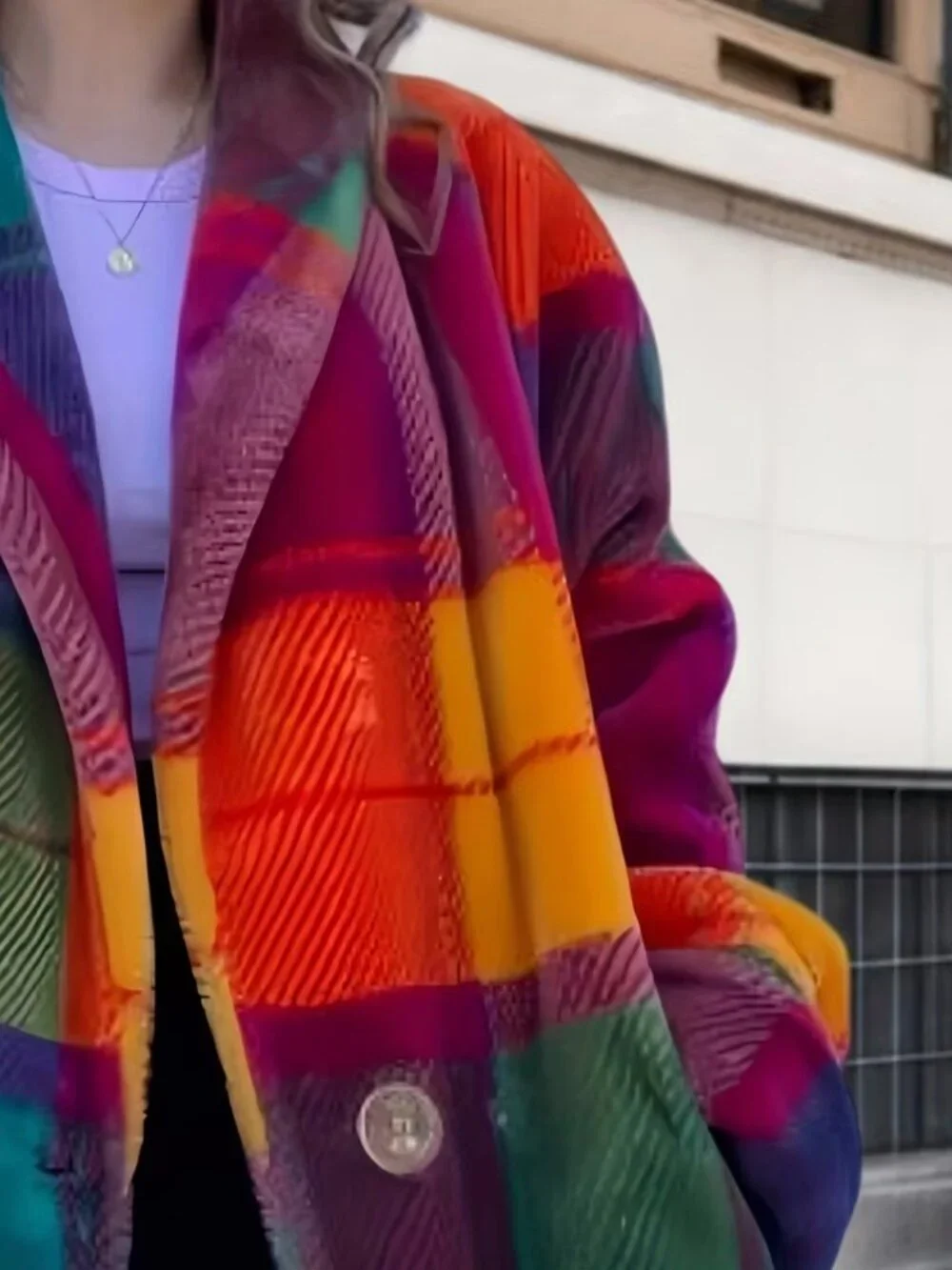 Lady's Checkered Color-blocking Coat, Elegant Checked Color-blocking Jacket